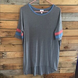 LuLaRoe Gray Top with Blue and Pink Accents